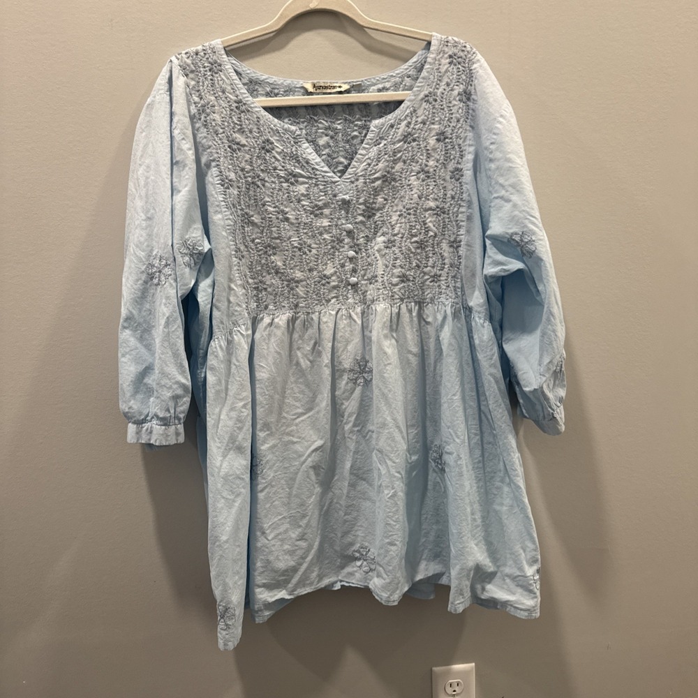 2XL Ayurvastram Light Blue 3/4 sleeve embroidered top